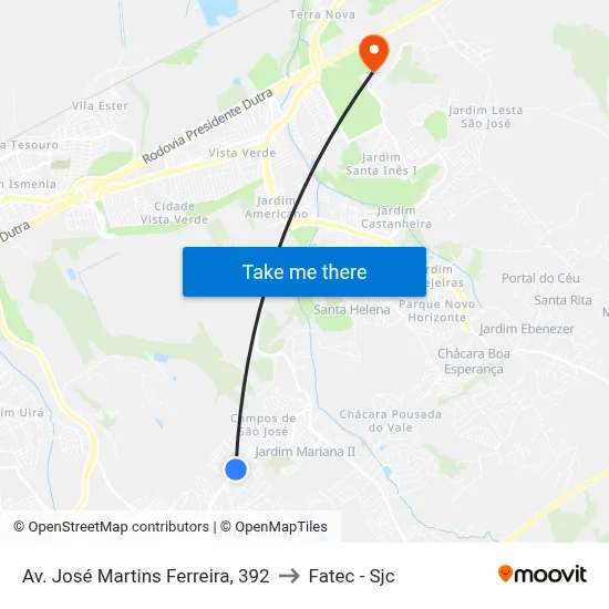 Av. José Martins Ferreira, 392 to Fatec - Sjc map