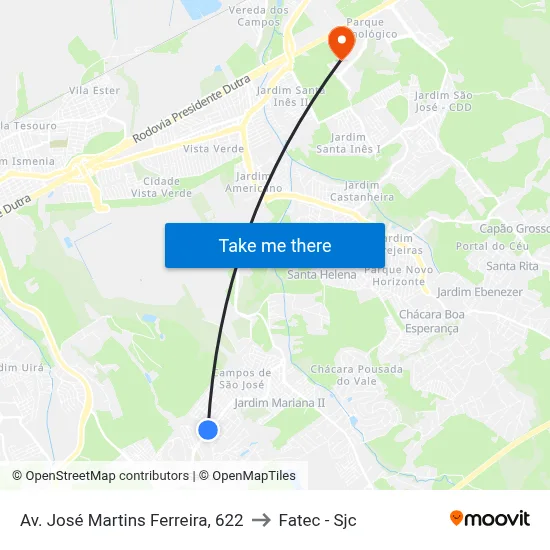 Av. José Martins Ferreira, 622 to Fatec - Sjc map