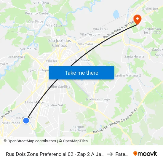 Rua Dois Zona Preferencial 02 - Zap 2 A Jacareí - São Paulo Brasil to Fatec - Sjc map