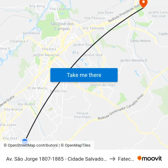 Av. São Jorge 1807-1885 - Cidade Salvador Jacareí - SP Brasil to Fatec - Sjc map
