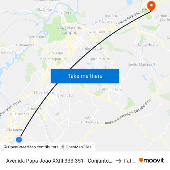 Avenida Papa João XXIII 333-351 - Conjunto São Benedito Jacareí - SP 12310-090 Brasil to Fatec - Sjc map