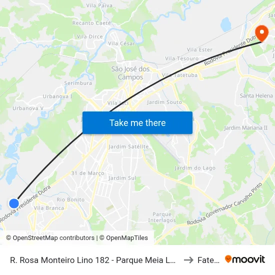 R. Rosa Monteiro Lino 182 - Parque Meia Lua Jacareí - SP 12335-110 Brasil to Fatec - Sjc map