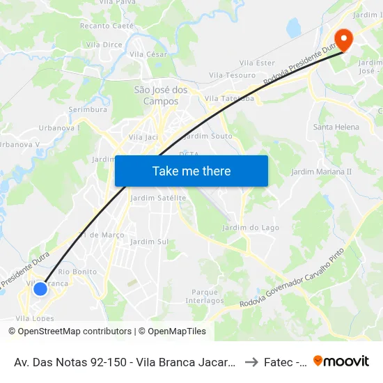 Av. Das Notas 92-150 - Vila Branca Jacareí - SP Brasil to Fatec - Sjc map