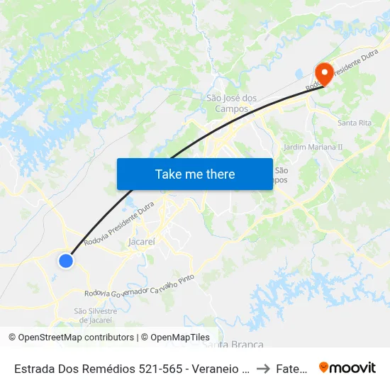 Estrada Dos Remédios 521-565 - Veraneio Irajá Jacareí - SP Brasil to Fatec - Sjc map