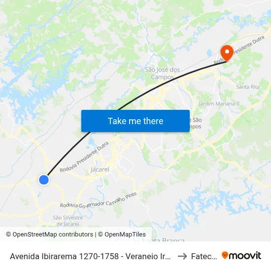 Avenida Ibirarema 1270-1758 - Veraneio Irajá Jacareí - SP Brasil to Fatec - Sjc map