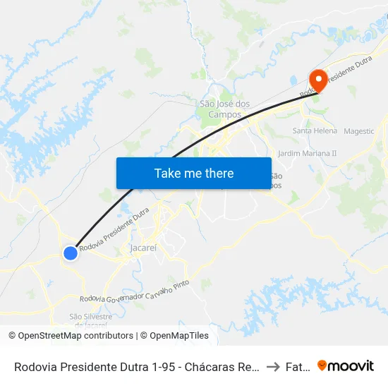 Rodovia Presidente Dutra 1-95 - Chácaras Reunidas Ygarapes Parque Meia Lua Jacareí - SP Brasil to Fatec - Sjc map