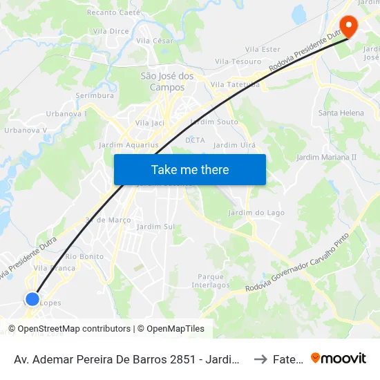 Av. Ademar Pereira De Barros 2851 - Jardim Santa Maria Jacareí - SP Brasil to Fatec - Sjc map
