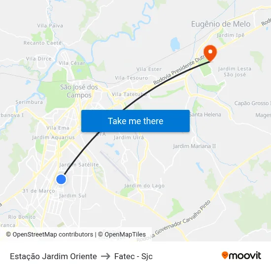 Estação Jardim Oriente to Fatec - Sjc map