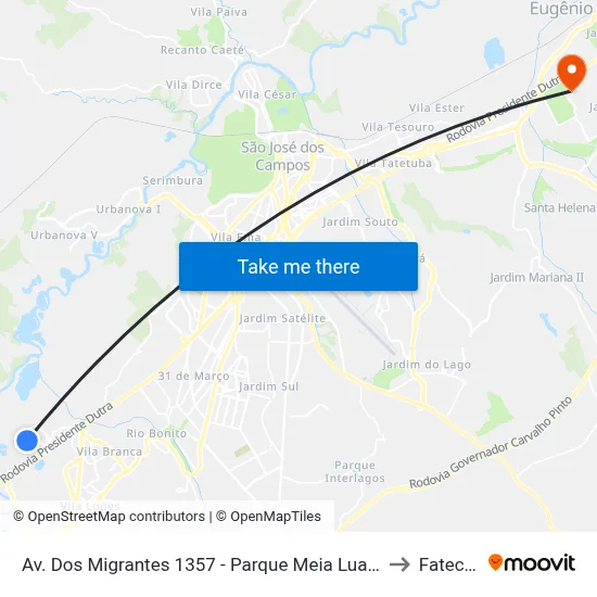 Av. Dos Migrantes 1357 - Parque Meia Lua Jacareí - SP Brasil to Fatec - Sjc map