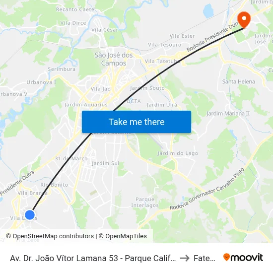 Av. Dr. João Vítor Lamana 53 - Parque California Jacareí - SP Brasil to Fatec - Sjc map