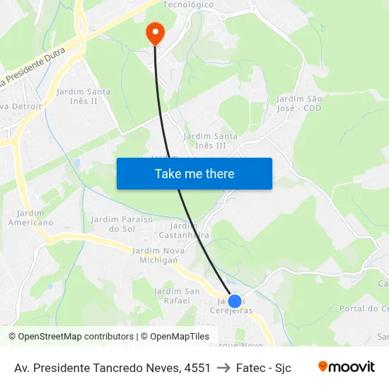 Av. Presidente Tancredo Neves, 4551 to Fatec - Sjc map