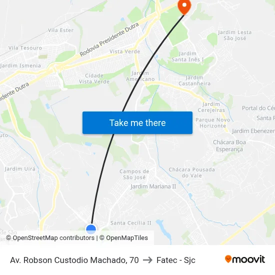 Av. Robson Custodio Machado, 70 to Fatec - Sjc map