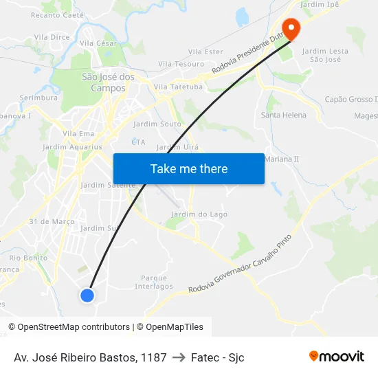 Av. José Ribeiro Bastos, 1187 to Fatec - Sjc map