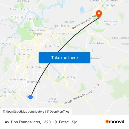 Av. Dos Evangélicos, 1323 to Fatec - Sjc map
