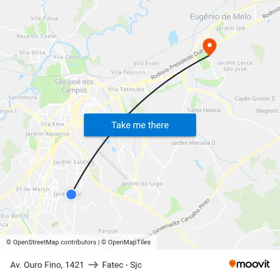 Av. Ouro Fino, 1421 to Fatec - Sjc map