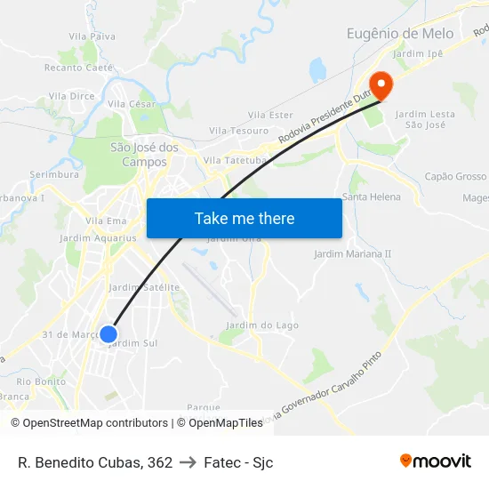 R. Benedito Cubas, 362 to Fatec - Sjc map
