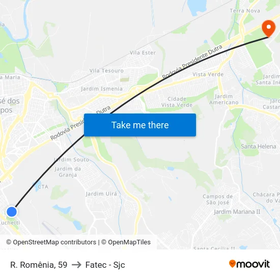 R. Romênia, 59 to Fatec - Sjc map