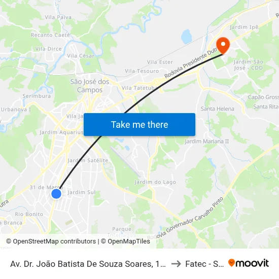 Av. Dr. João Batista De Souza Soares, 100 to Fatec - Sjc map
