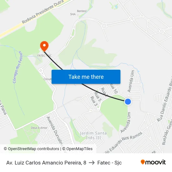 Av. Luiz Carlos Amancio Pereira, 8 to Fatec - Sjc map