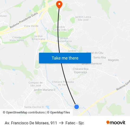 Av. Francisco De Moraes, 911 to Fatec - Sjc map