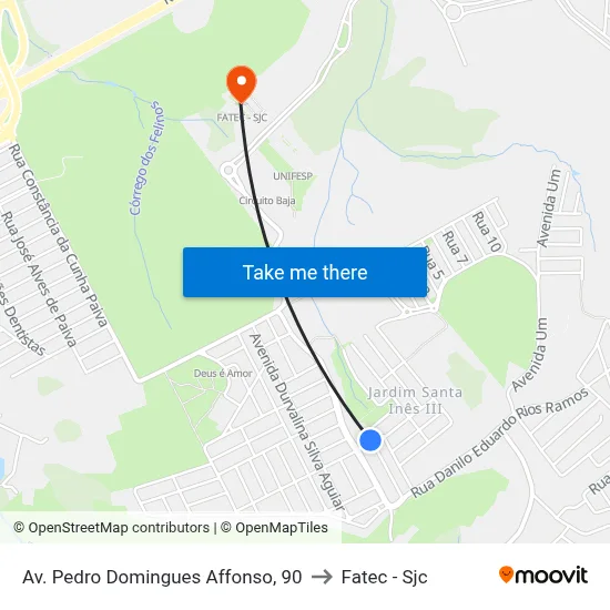 Av. Pedro Domingues Affonso, 90 to Fatec - Sjc map