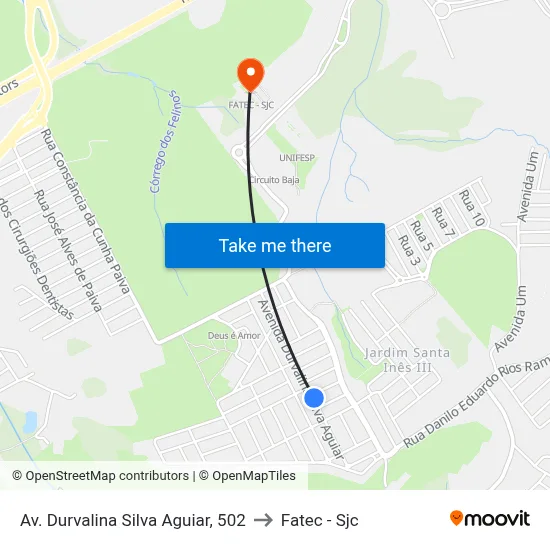 Av. Durvalina Silva Aguiar, 502 to Fatec - Sjc map