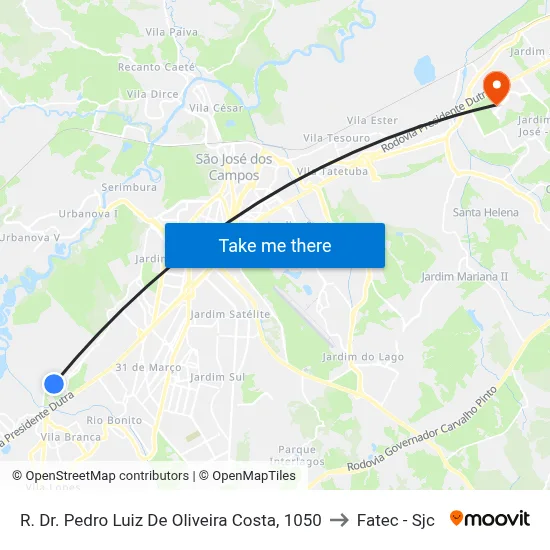 R. Dr. Pedro Luiz De Oliveira Costa, 1050 to Fatec - Sjc map