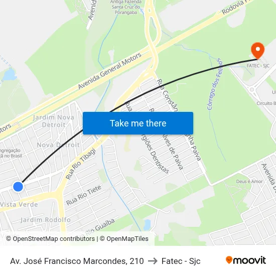 Av. José Francisco Marcondes, 210 to Fatec - Sjc map