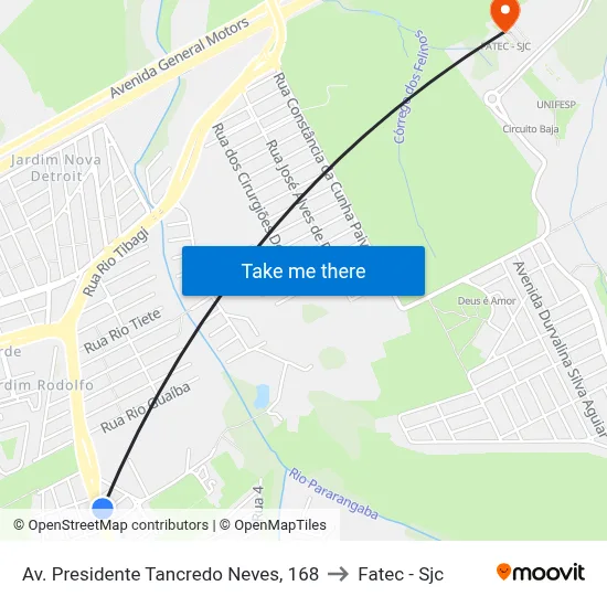Av. Presidente Tancredo Neves, 168 to Fatec - Sjc map