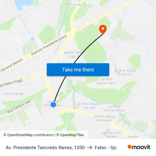 Av. Presidente Tancredo Neves, 1030 to Fatec - Sjc map