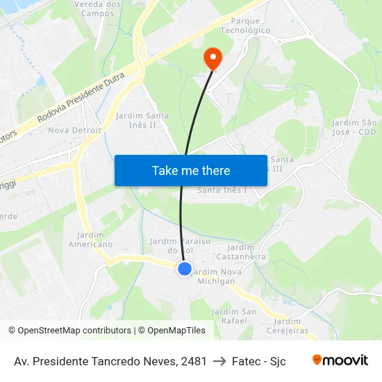 Av. Presidente Tancredo Neves, 2481 to Fatec - Sjc map