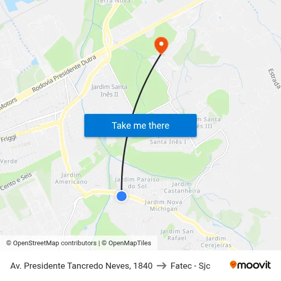 Av. Presidente Tancredo Neves, 1840 to Fatec - Sjc map