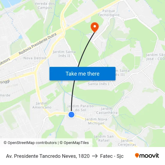 Av. Presidente Tancredo Neves, 1820 to Fatec - Sjc map