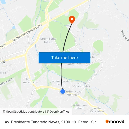 Av. Presidente Tancredo Neves, 2100 to Fatec - Sjc map