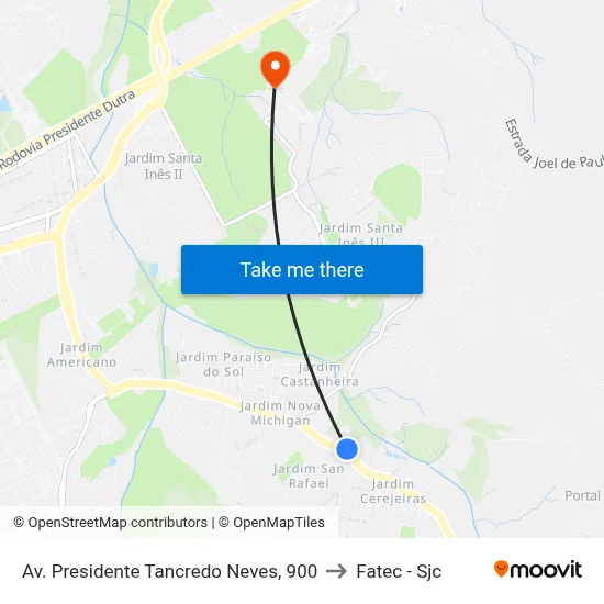 Av. Presidente Tancredo Neves, 900 to Fatec - Sjc map