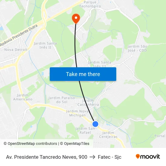 Av. Presidente Tancredo Neves, 900 to Fatec - Sjc map