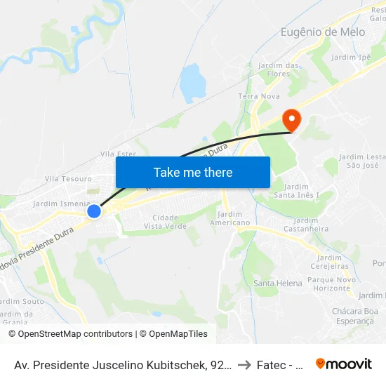 Av. Presidente Juscelino Kubitschek, 9250 to Fatec - Sjc map