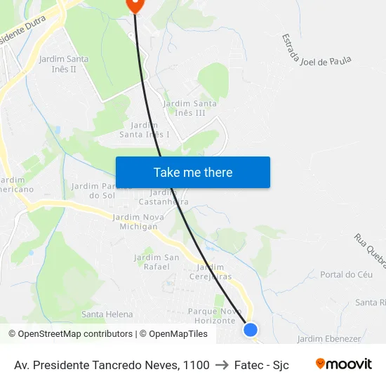 Av. Presidente Tancredo Neves, 1100 to Fatec - Sjc map