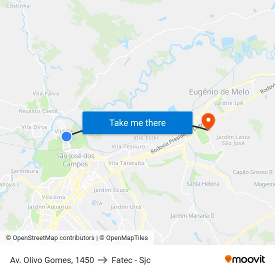 Av. Olivo Gomes, 1450 to Fatec - Sjc map