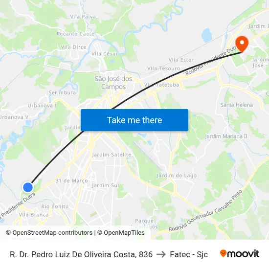 R. Dr. Pedro Luiz De Oliveira Costa, 836 to Fatec - Sjc map