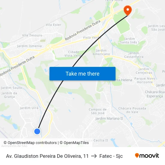 Av. Glaudiston Pereira De Oliveira, 11 to Fatec - Sjc map