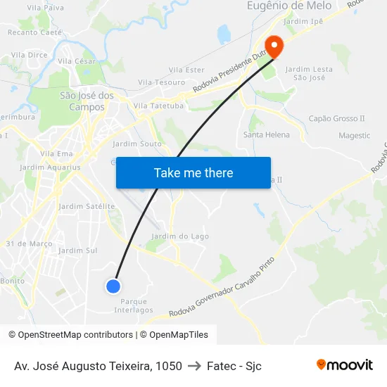 Av. José Augusto Teixeira, 1050 to Fatec - Sjc map