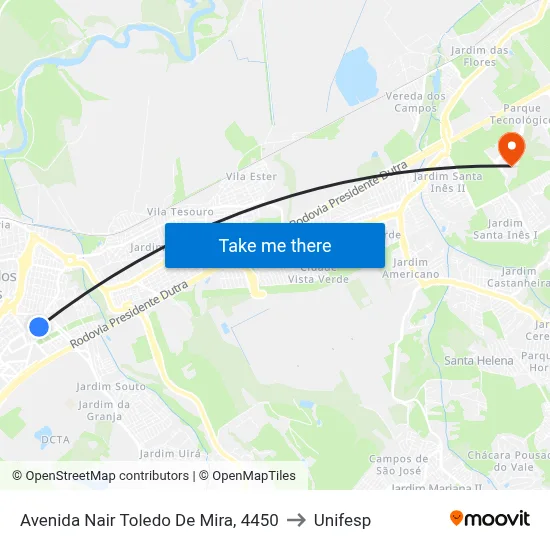Avenida Nair Toledo De Mira, 4450 to Unifesp map