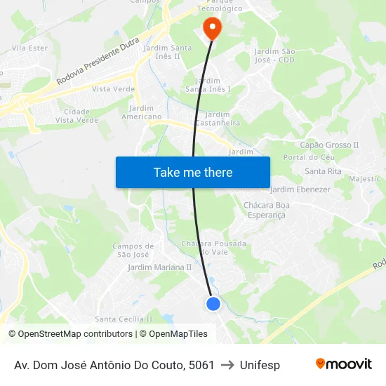 Av. Dom José Antônio Do Couto, 5061 to Unifesp map