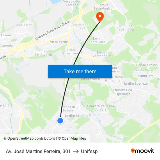 Av. José Martins Ferreira, 301 to Unifesp map