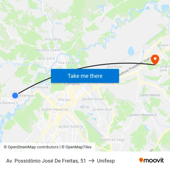 Av. Possidônio José De Freitas, 51 to Unifesp map