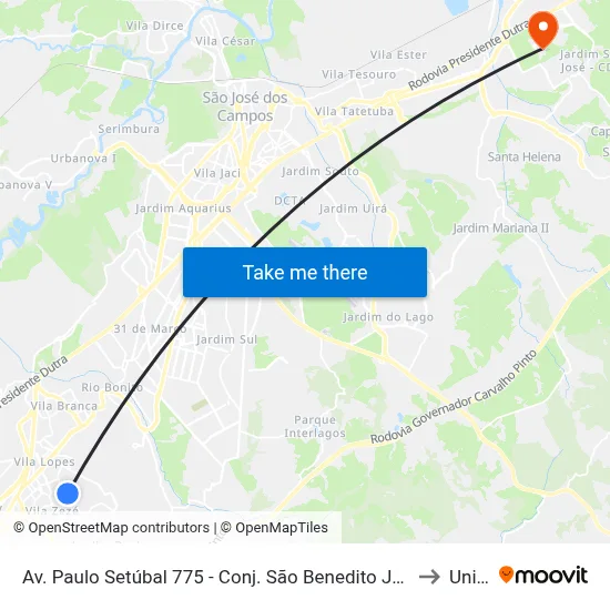 Av. Paulo Setúbal 775 - Conj. São Benedito Jacareí - SP 12310-150 Brasil to Unifesp map