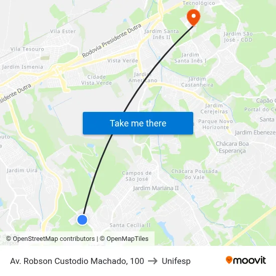 Av. Robson Custodio Machado, 100 to Unifesp map