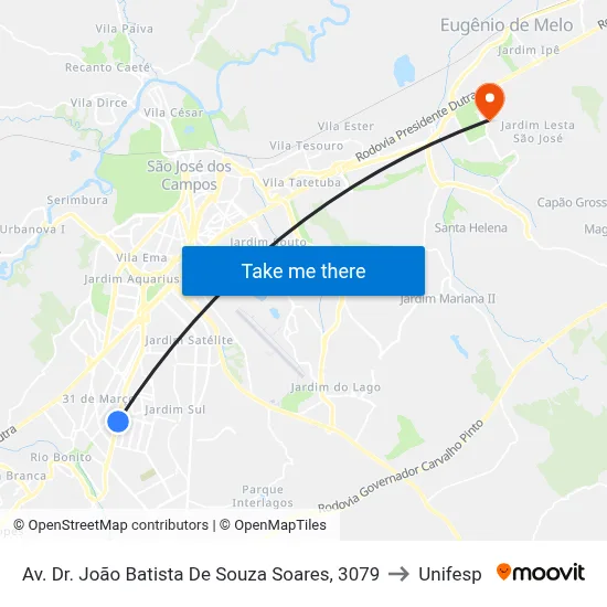 Av. Dr. João Batista De Souza Soares, 3079 to Unifesp map