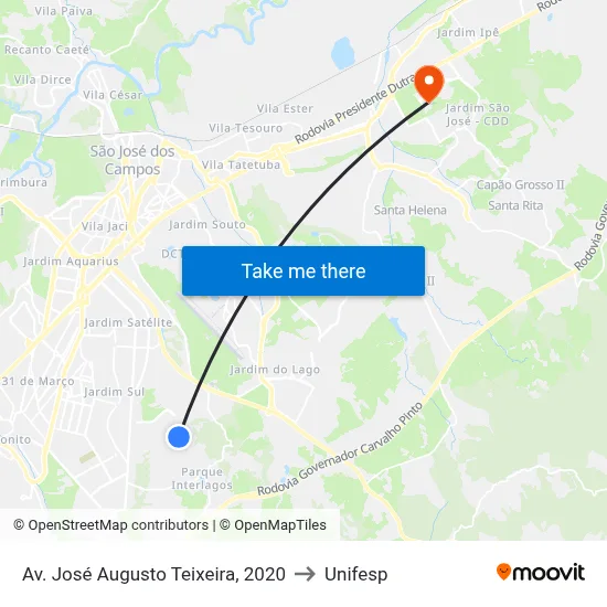 Av. José Augusto Teixeira, 2020 to Unifesp map